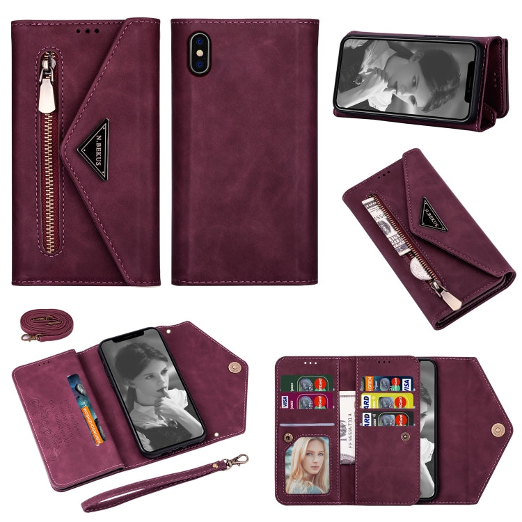 For iPhone XS / X Skin Feel Zipper Horizontal Flip Leather Case with Holder & Card Slots & Photo Frame & Lanyard & Long Rope(Wine Red) - More iPhone Cases by buy2fix | Online Shopping UK | buy2fix