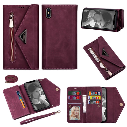 For iPhone XS / X Skin Feel Zipper Horizontal Flip Leather Case with Holder & Card Slots & Photo Frame & Lanyard & Long Rope(Wine Red) - More iPhone Cases by buy2fix | Online Shopping UK | buy2fix