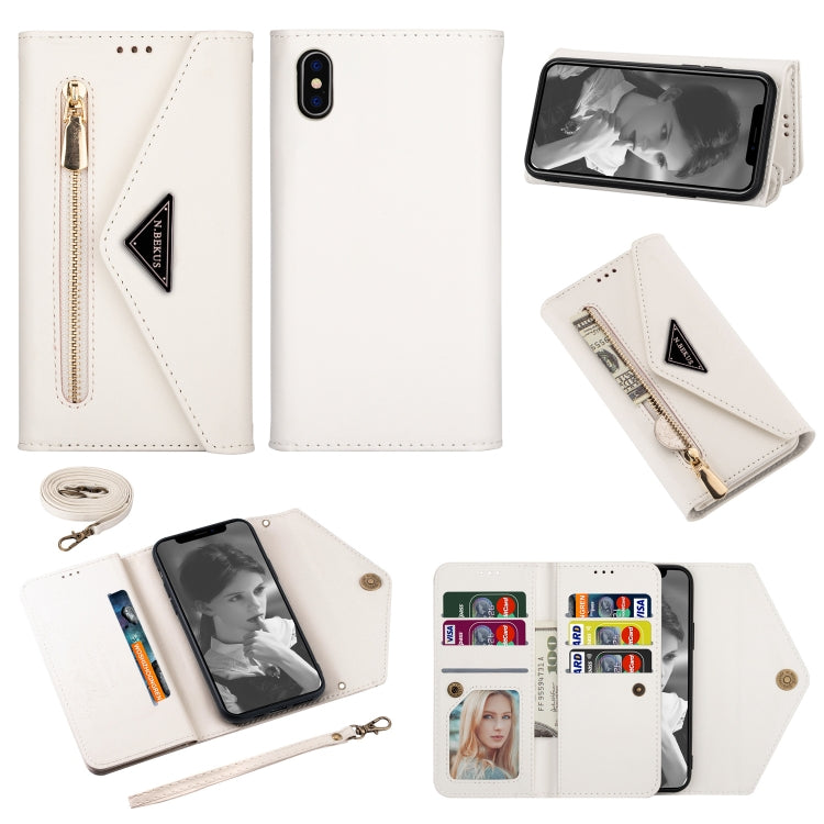 For iPhone XS / X Skin Feel Zipper Horizontal Flip Leather Case with Holder & Card Slots & Photo Frame & Lanyard & Long Rope(White) - More iPhone Cases by buy2fix | Online Shopping UK | buy2fix