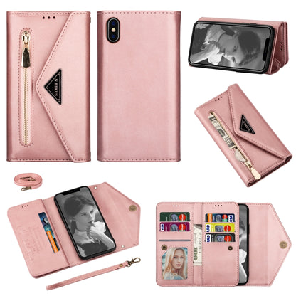 For iPhone XS / X Skin Feel Zipper Horizontal Flip Leather Case with Holder & Card Slots & Photo Frame & Lanyard & Long Rope(Rose Gold) - More iPhone Cases by buy2fix | Online Shopping UK | buy2fix