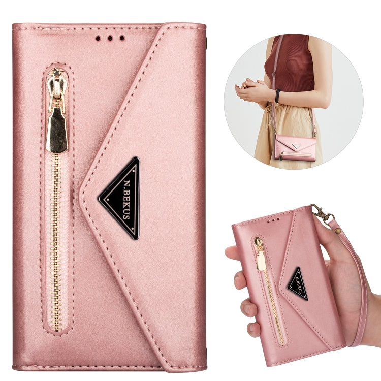 For iPhone XS / X Skin Feel Zipper Horizontal Flip Leather Case with Holder & Card Slots & Photo Frame & Lanyard & Long Rope(Rose Gold) - More iPhone Cases by buy2fix | Online Shopping UK | buy2fix
