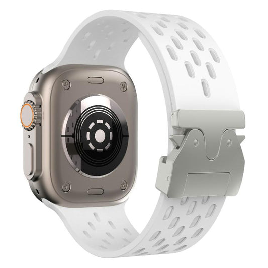 For Apple Watch 46mm / 49mm / 45mm / 44mm Kalebol Mesh Silver Umbrella Buckle Silicone Strap(White) - Watch Bands by Kalebol | Online Shopping UK | buy2fix