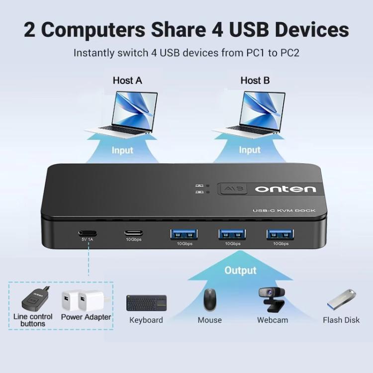 Onten KVM200 USB 3.2 Gen2 Sharing Switch 2 In 4 Out(Black) - USB 3.0 HUB by Onten | Online Shopping UK | buy2fix