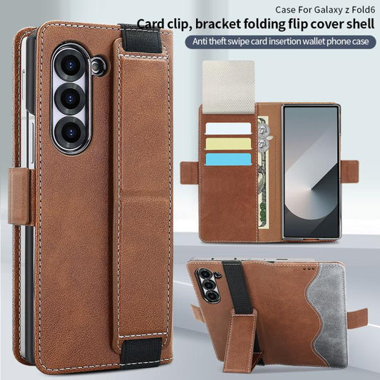 For Samsung Galaxy Z Fold6 VIETAO Integrated Spliced Leather Phone Case with Elastic Bowl Strap(Brown) - Galaxy Z Fold6 5G Cases by VIETAO | Online Shopping UK | buy2fix