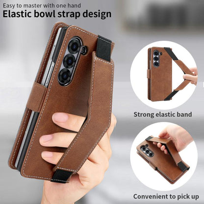 For Samsung Galaxy Z Fold6 VIETAO Integrated Spliced Leather Phone Case with Elastic Bowl Strap(Brown) - Galaxy Z Fold6 5G Cases by VIETAO | Online Shopping UK | buy2fix