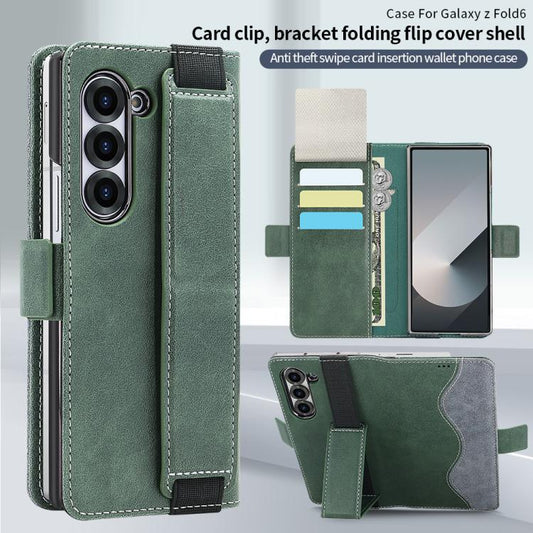 For Samsung Galaxy Z Fold6 VIETAO Integrated Spliced Leather Phone Case with Elastic Bowl Strap(Green) - Galaxy Z Fold6 5G Cases by VIETAO | Online Shopping UK | buy2fix
