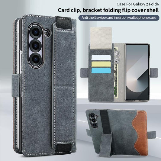For Samsung Galaxy Z Fold6 VIETAO Integrated Spliced Leather Phone Case with Elastic Bowl Strap(Gray) - Galaxy Z Fold6 5G Cases by VIETAO | Online Shopping UK | buy2fix