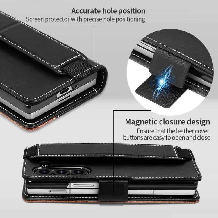 For Samsung Galaxy Z Fold5 VIETAO Integrated Spliced Leather Phone Case with Elastic Bowl Strap(Black) - Galaxy Z Fold5 Cases by VIETAO | Online Shopping UK | buy2fix