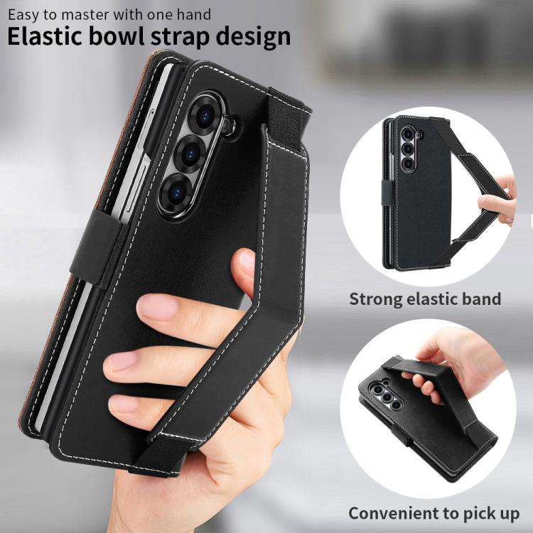 For Samsung Galaxy Z Fold5 VIETAO Integrated Spliced Leather Phone Case with Elastic Bowl Strap(Black) - Galaxy Z Fold5 Cases by VIETAO | Online Shopping UK | buy2fix