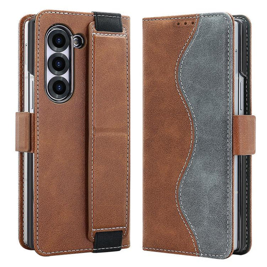 For Samsung Galaxy Z Fold5 VIETAO Integrated Spliced Leather Phone Case with Elastic Bowl Strap(Brown) - Galaxy Z Fold5 Cases by VIETAO | Online Shopping UK | buy2fix
