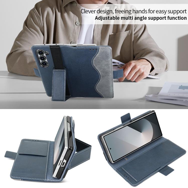 For Samsung Galaxy Z Fold5 VIETAO Integrated Spliced Leather Phone Case with Elastic Bowl Strap(Blue) - Galaxy Z Fold5 Cases by VIETAO | Online Shopping UK | buy2fix