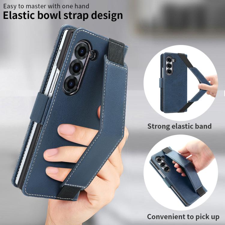 For Samsung Galaxy Z Fold5 VIETAO Integrated Spliced Leather Phone Case with Elastic Bowl Strap(Blue) - Galaxy Z Fold5 Cases by VIETAO | Online Shopping UK | buy2fix