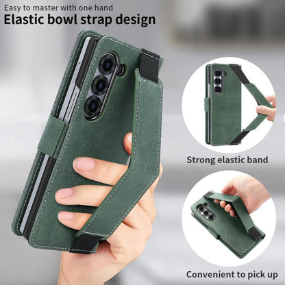 For Samsung Galaxy Z Fold5 VIETAO Integrated Spliced Leather Phone Case with Elastic Bowl Strap(Green) - Galaxy Z Fold5 Cases by VIETAO | Online Shopping UK | buy2fix