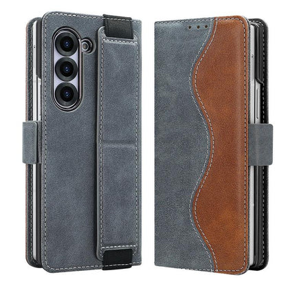 For Samsung Galaxy Z Fold5 VIETAO Integrated Spliced Leather Phone Case with Elastic Bowl Strap(Gray) - Galaxy Z Fold5 Cases by VIETAO | Online Shopping UK | buy2fix