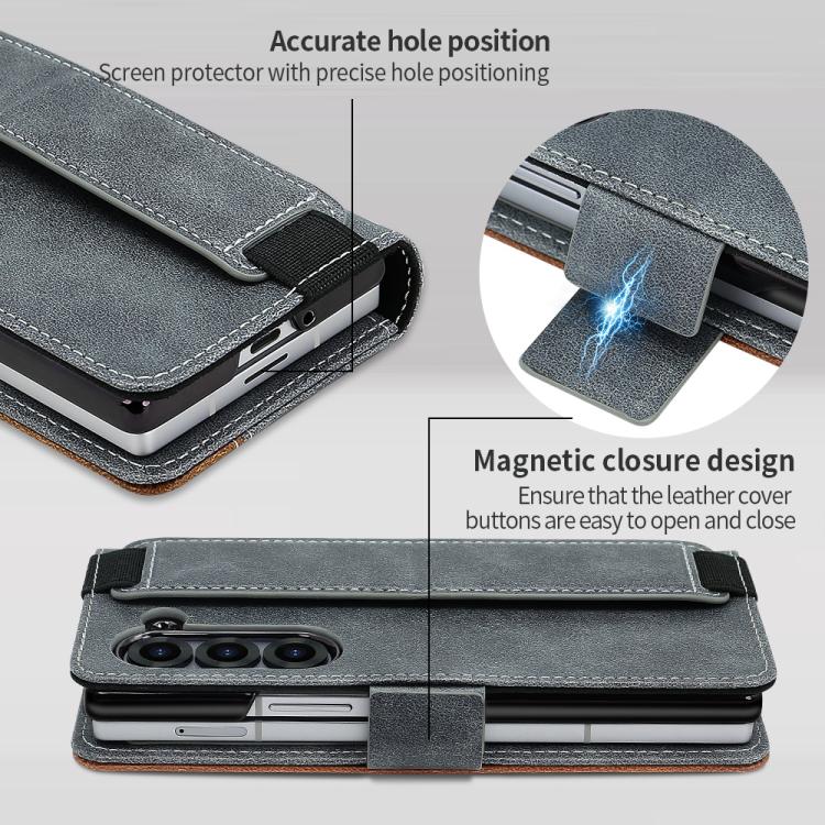 For Samsung Galaxy Z Fold5 VIETAO Integrated Spliced Leather Phone Case with Elastic Bowl Strap(Gray) - Galaxy Z Fold5 Cases by VIETAO | Online Shopping UK | buy2fix