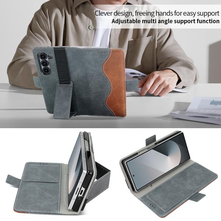 For Samsung Galaxy Z Fold5 VIETAO Integrated Spliced Leather Phone Case with Elastic Bowl Strap(Gray) - Galaxy Z Fold5 Cases by VIETAO | Online Shopping UK | buy2fix