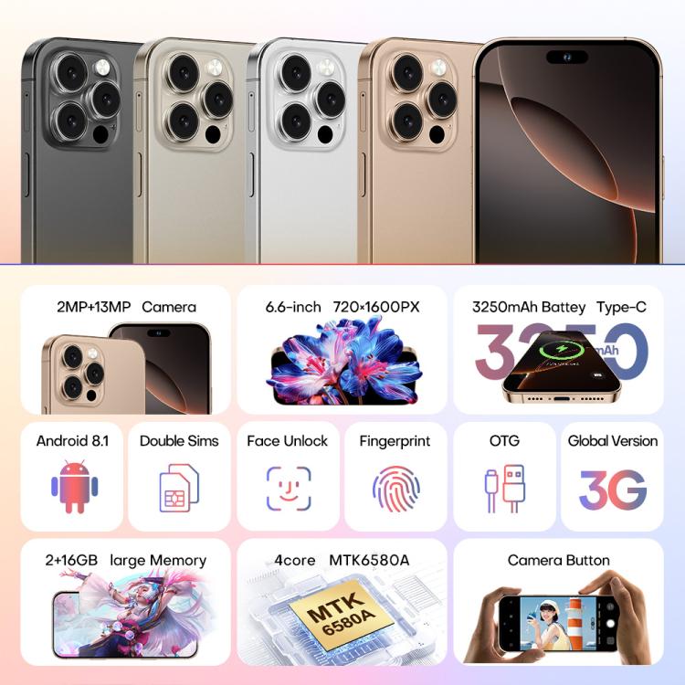 A88 / i16 Pro Max, 2GB+16GB, 6.6 inch Android 8.1 MTK6580A Quad Core, OTG, Network: 3G, Dual SIM, Plug:EU Plug(Desert Gold) -  by buy2fix | Online Shopping UK | buy2fix