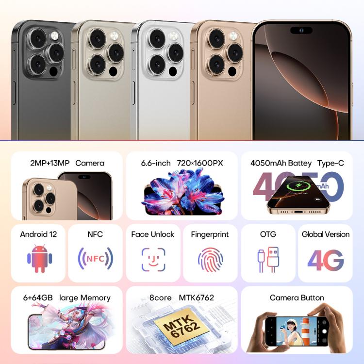 A88A / i16 Pro Max, 6GB+64GB, 6.6 inch Android 12 MTK6762 Helio G25 Octa Core, NFC, OTG, Network: 4G, Dual SIM, Plug:EU Plug(Titanium White) -  by buy2fix | Online Shopping UK | buy2fix