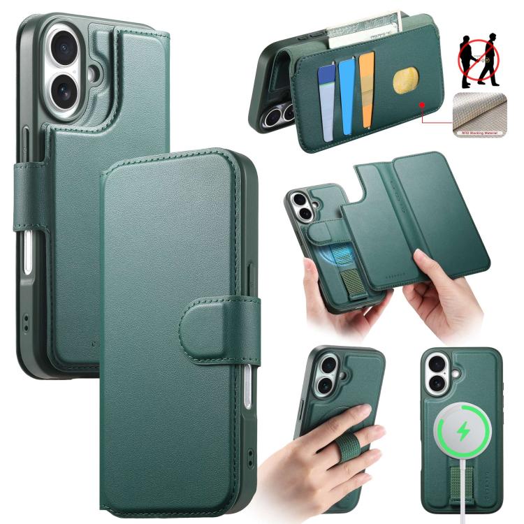For iPhone 16 CaseNeo Finger Grip Strap MagSafe Leather Phone Case(Green) - iPhone 16 Cases by CaseNeo | Online Shopping UK | buy2fix