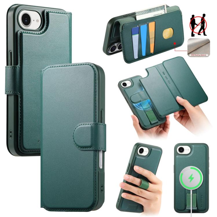 For iPhone 16e CaseNeo Finger Grip Strap MagSafe Leather Phone Case(Green) - iPhone 16e Cases by CaseNeo | Online Shopping UK | buy2fix