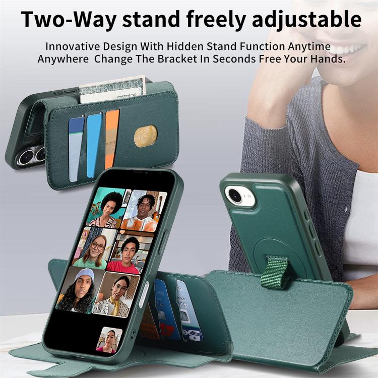 For iPhone 16e CaseNeo Finger Grip Strap MagSafe Leather Phone Case(Green) - iPhone 16e Cases by CaseNeo | Online Shopping UK | buy2fix