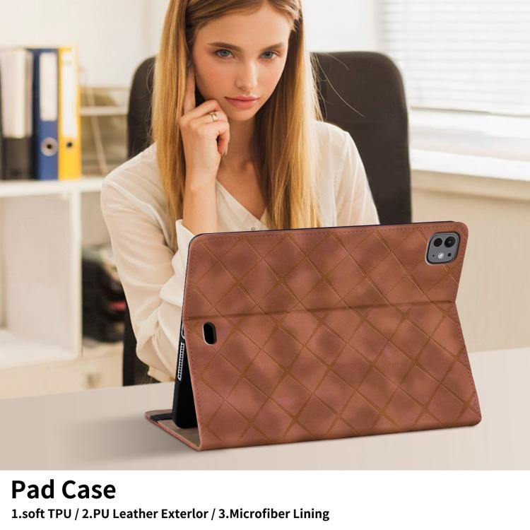 For iPad Pro 13 2024 Rhombus Embossed Leather Smart Tablet Case(Brown) - iPad Pro 13 2024 Cases by buy2fix | Online Shopping UK | buy2fix