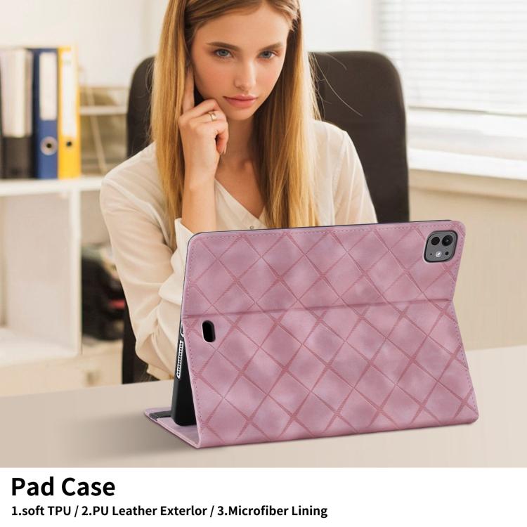 For iPad Pro 11 2024 Rhombus Embossed Leather Smart Tablet Case(Pink) - iPad Pro 11 2024 Cases by buy2fix | Online Shopping UK | buy2fix