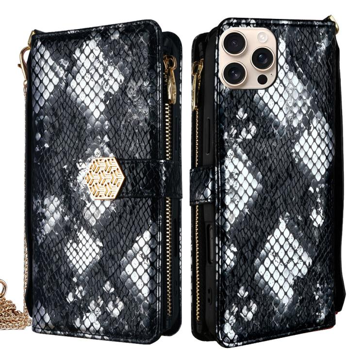 For iPhone 14 Pro Crossbody Handle Snake Texture Leather Phone Case(Black) - iPhone 14 Pro Cases by buy2fix | Online Shopping UK | buy2fix