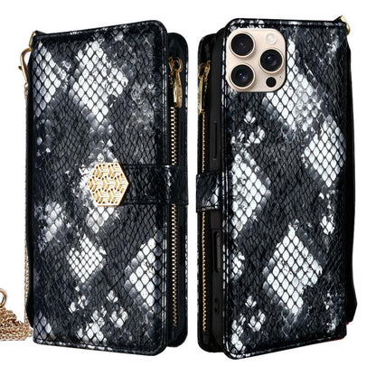 For iPhone 15 Pro Crossbody Handle Snake Texture Leather Phone Case(Black) - iPhone 15 Pro Cases by buy2fix | Online Shopping UK | buy2fix