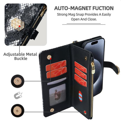 For iPhone 15 Pro Crossbody Handle Snake Texture Leather Phone Case(Black) - iPhone 15 Pro Cases by buy2fix | Online Shopping UK | buy2fix