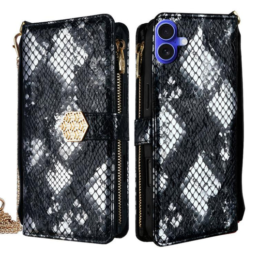 For iPhone 16 Crossbody Handle Snake Texture Leather Phone Case(Black) - iPhone 16 Cases by buy2fix | Online Shopping UK | buy2fix