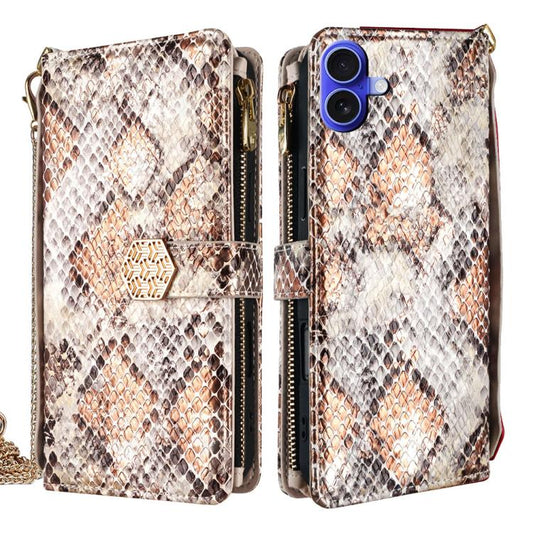 For iPhone 16 Crossbody Handle Snake Texture Leather Phone Case(White) - iPhone 16 Cases by buy2fix | Online Shopping UK | buy2fix