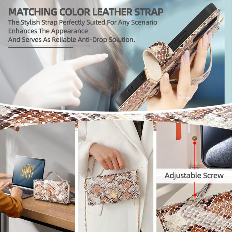 For iPhone 16 Plus Crossbody Handle Snake Texture Leather Phone Case(White) - iPhone 16 Plus Cases by buy2fix | Online Shopping UK | buy2fix