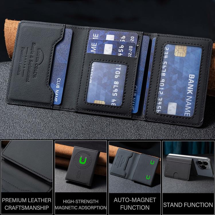 Solid Color Leather Horizontal Magnetic Wallet Card Bag Case(Black) - Adhesive Card Holders by buy2fix | Online Shopping UK | buy2fix