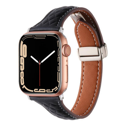 For Apple Watch 46mm / 49mm / 45mm / 44mm Kalebol Diamond Pattern Magnetic Buckle Leather Strap(Black) - Watch Bands by Kalebol | Online Shopping UK | buy2fix