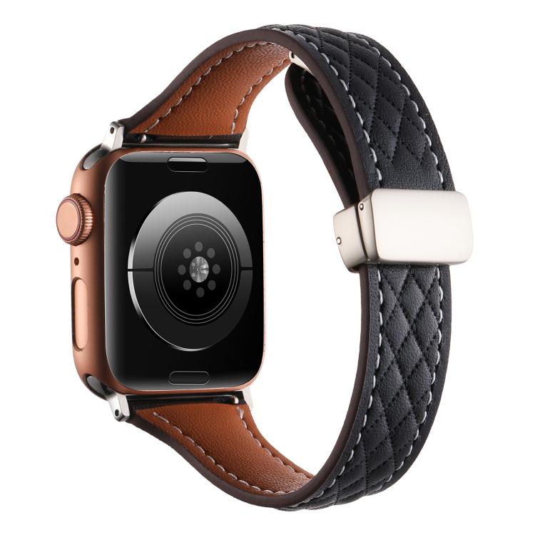 For Apple Watch 46mm / 49mm / 45mm / 44mm Kalebol Diamond Pattern Magnetic Buckle Leather Strap(Black) - Watch Bands by Kalebol | Online Shopping UK | buy2fix