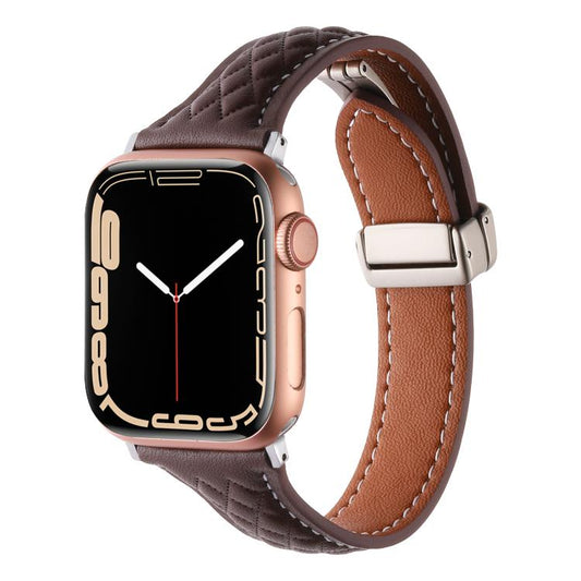 For Apple Watch 46mm / 49mm / 45mm / 44mm Kalebol Diamond Pattern Magnetic Buckle Leather Strap(Coffee) - Watch Bands by Kalebol | Online Shopping UK | buy2fix