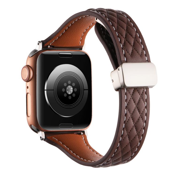 For Apple Watch 46mm / 49mm / 45mm / 44mm Kalebol Diamond Pattern Magnetic Buckle Leather Strap(Coffee) - Watch Bands by Kalebol | Online Shopping UK | buy2fix
