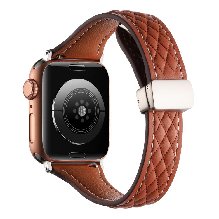 For Apple Watch 42mm / 41mm / 40mm / 38mm Kalebol Diamond Pattern Magnetic Buckle Leather Strap(Brown) - Watch Bands by Kalebol | Online Shopping UK | buy2fix