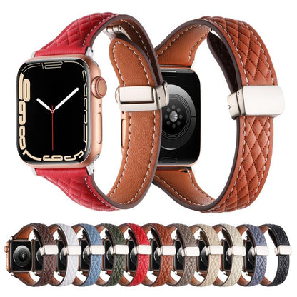 For Apple Watch 42mm / 41mm / 40mm / 38mm Kalebol Diamond Pattern Magnetic Buckle Leather Strap(Red) - Watch Bands by Kalebol | Online Shopping UK | buy2fix