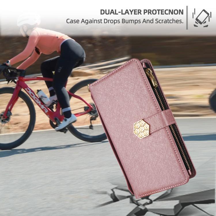 For iPhone 12 / 12 Pro Crossbody Handle Cross Texture Leather Phone Case(Rose Gold) - iPhone 12 / 12 Pro Cases by buy2fix | Online Shopping UK | buy2fix