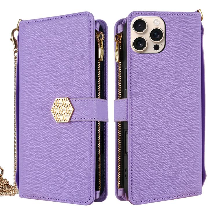 For iPhone 13 Pro Crossbody Handle Cross Texture Leather Phone Case(Purple) - iPhone 13 Pro Cases by buy2fix | Online Shopping UK | buy2fix