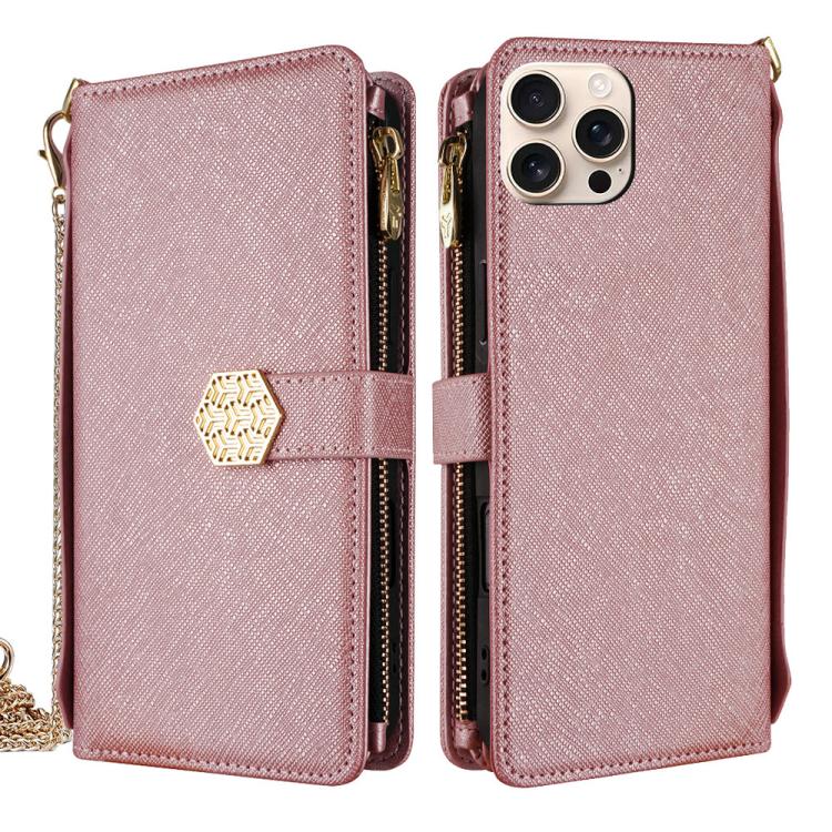 For iPhone 14 Pro Crossbody Handle Cross Texture Leather Phone Case(Rose Gold) - iPhone 14 Pro Cases by buy2fix | Online Shopping UK | buy2fix