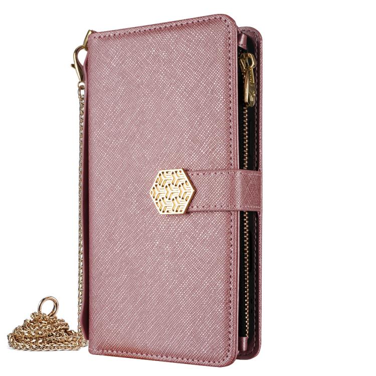 For iPhone 14 Pro Crossbody Handle Cross Texture Leather Phone Case(Rose Gold) - iPhone 14 Pro Cases by buy2fix | Online Shopping UK | buy2fix