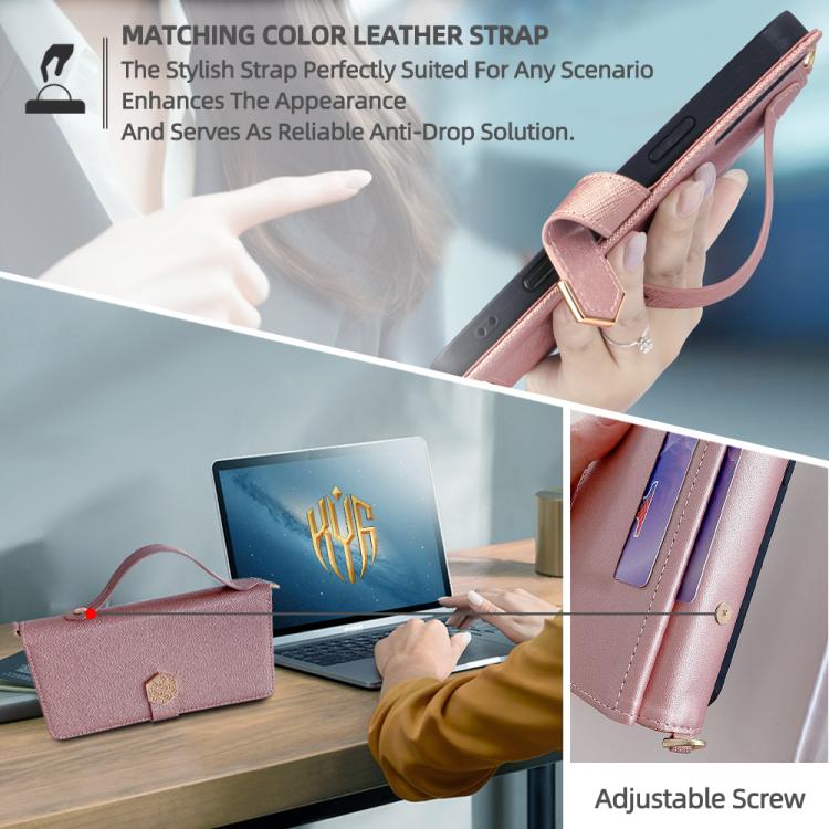 For iPhone 14 Pro Crossbody Handle Cross Texture Leather Phone Case(Rose Gold) - iPhone 14 Pro Cases by buy2fix | Online Shopping UK | buy2fix