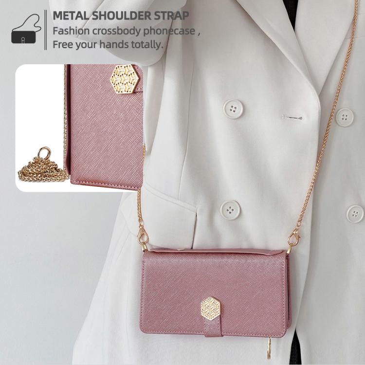 For iPhone 14 Pro Max Crossbody Handle Cross Texture Leather Phone Case(Rose Gold) - iPhone 14 Pro Max Cases by buy2fix | Online Shopping UK | buy2fix