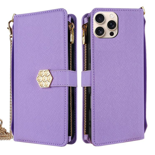For iPhone 14 Pro Max Crossbody Handle Cross Texture Leather Phone Case(Purple) - iPhone 14 Pro Max Cases by buy2fix | Online Shopping UK | buy2fix