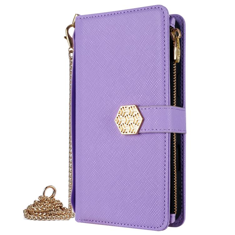 For iPhone 14 Pro Max Crossbody Handle Cross Texture Leather Phone Case(Purple) - iPhone 14 Pro Max Cases by buy2fix | Online Shopping UK | buy2fix