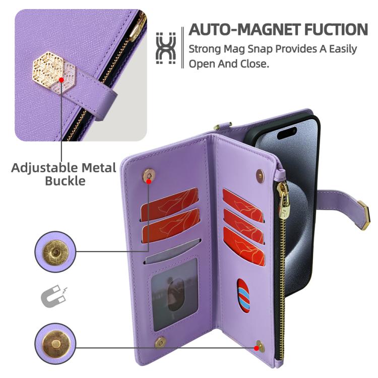 For iPhone 14 Pro Max Crossbody Handle Cross Texture Leather Phone Case(Purple) - iPhone 14 Pro Max Cases by buy2fix | Online Shopping UK | buy2fix