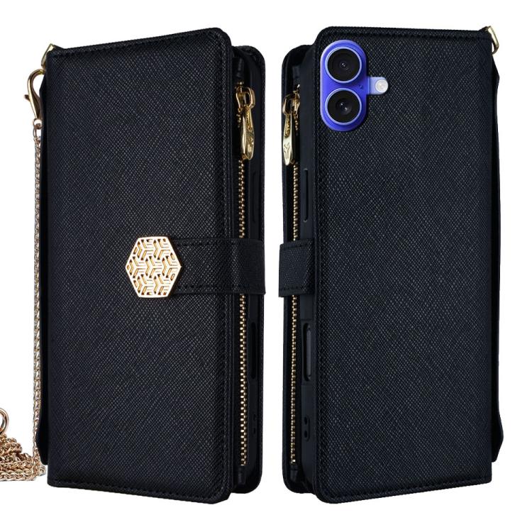 For iPhone 16 Crossbody Handle Cross Texture Leather Phone Case(Black) - iPhone 16 Cases by buy2fix | Online Shopping UK | buy2fix